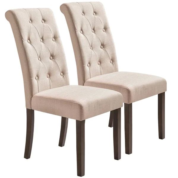 Beige Linen Tufted Dining Chair with Solid Wood Legs (Set of 2)