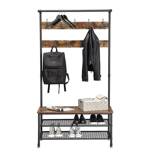 Benjara Metal Coat Rack with Wooden Bench and Two Wire Meshed Shelves - Brown and Black