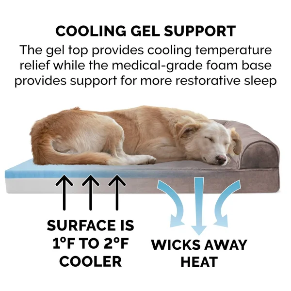 FurHaven Faux Fur & Velvet Cooling Gel Sofa Dog Bed - Large - Driftwood Brown
