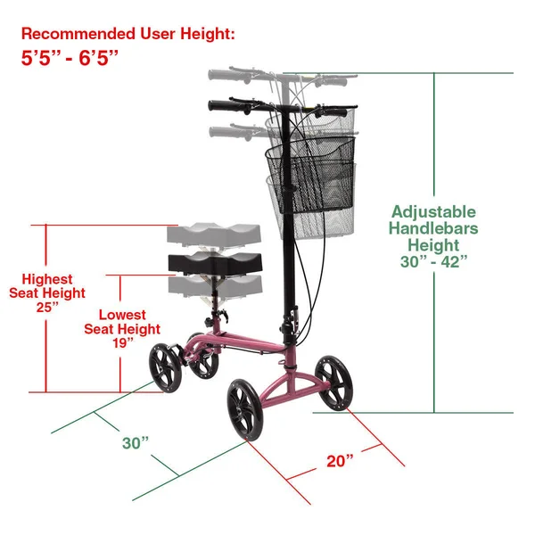 Clevr Medical Foldable Steerable Knee Walker Scooter with Basket, Pink, 30" x 20" x 20"