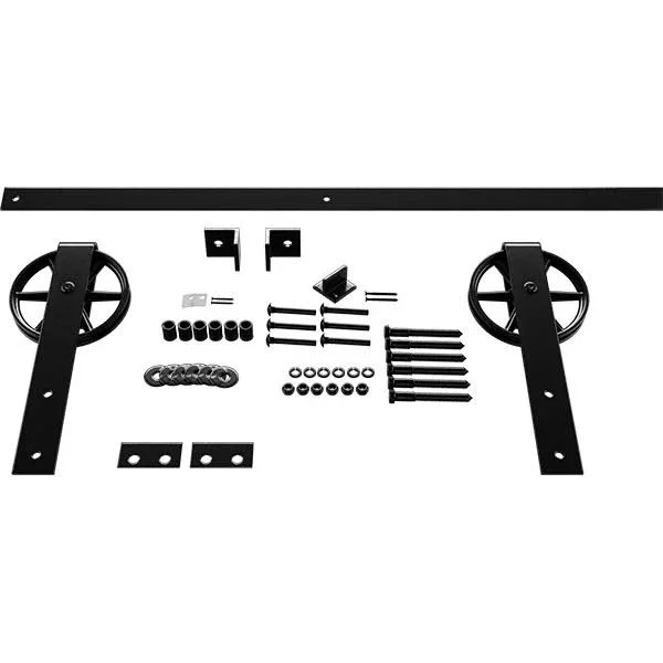 Goldberg Brothers Premium Wagon Wheel Strap Barn Door Hardware Set w/ 6& Track for 2 1/4 inch Doors, Black, Size: Track Length