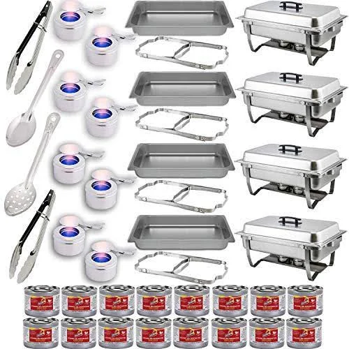 Herofiber Chafing Dish Buffet Set w/Fuel Folding Frame + Water Pan + Food Pan (8 qt) + 8 Fuel Holders + 18 Fuel Cans + 4 Serving