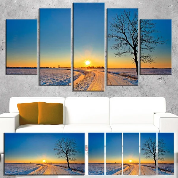 Design Art Distant Sunset in Winter - Landscape Photography Canvas Print - Yellow - 60 in. Wide x 32 in. High - 5 Panels Diamond