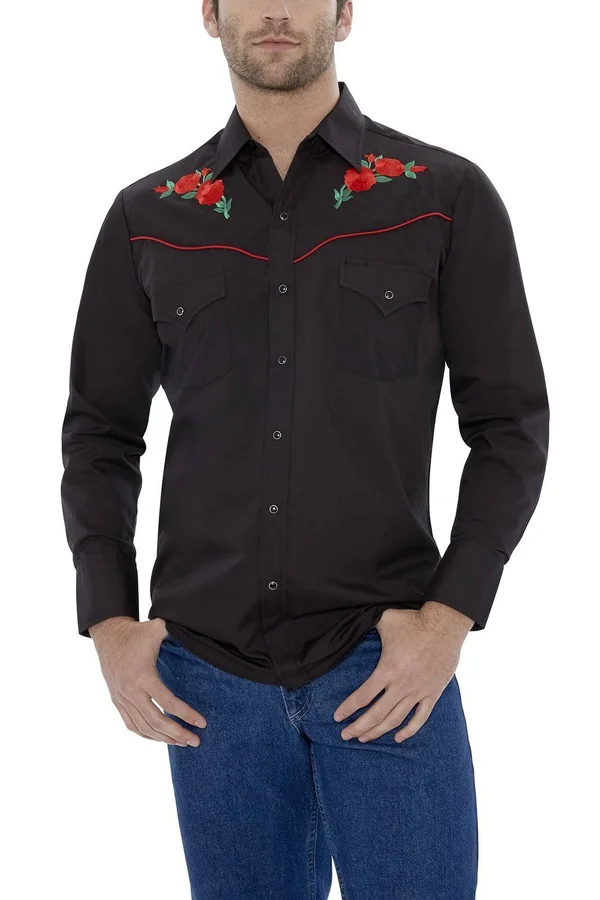 Ely Cattleman Men's Long Sleeve Western Shirt with Rose Embroidery