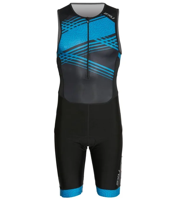 2XU Men's Perform Front Zip Trisuit Black, Signal Blue Print S