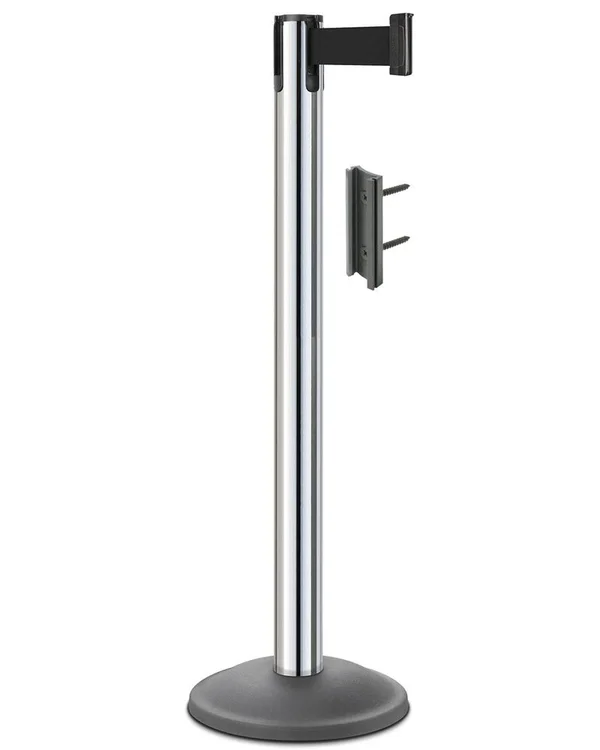 Chrome Basic Post - 12.5x22 Round Shaped Base with 7& Black Belt & Receptacle by Lavi Industries