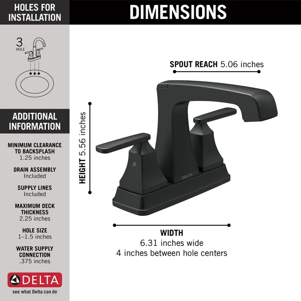 Delta 2564-BLMPU-DST Ashlyn Two Handle Centerset Lavatory Faucet - Metal Pop-Up in Matte Black