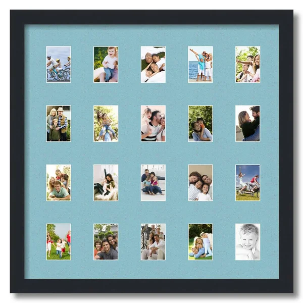 Collage Picture Frame - Satin Black Frame with 20 openings for 2x3 Photos with French Blue Mat. D3926FB398, ArtToFrames