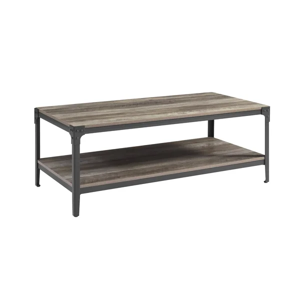 Walker Edison Angle Iron Rustic Wood Coffee Table, Grey Wash