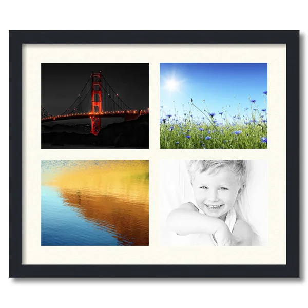 Collage Picture Frame - Satin Black Frame with 4 openings for 8x10 Photos with Ivory Chantilly Mat. D3926EN10, ArtToFrames