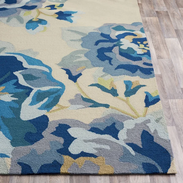 Modern BHS-0057099 Hooked Poly Blue Outdoor Floral Door Mat, 3' x 5'