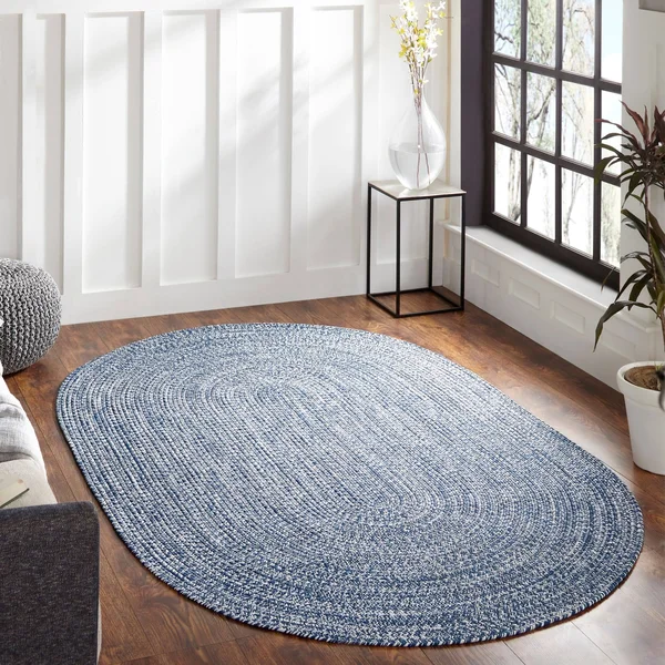 Miranda Haus Jauslin Braided Reversible Indoor/Outdoor Area Rug - 2& x 8& Oval Runner - Lagoon Breeze/White