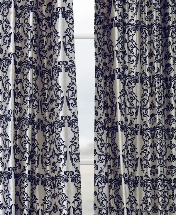 Exclusive Fabrics Firenze Silver & Blue Flocked Faux Silk Curtain, 84 Inches