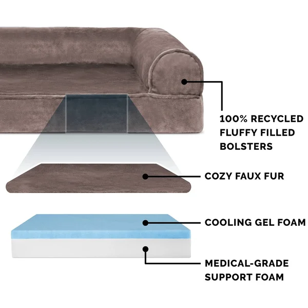FurHaven Faux Fur & Velvet Cooling Gel Sofa Dog Bed - Large - Driftwood Brown
