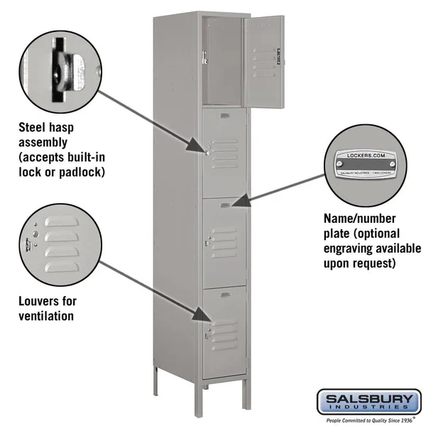 Salsbury 12x22 Wide Four Tier Standard Metal Locker - 1 Wide - 5 Feet High - 15 Inches Deep - Gray - Unassembled