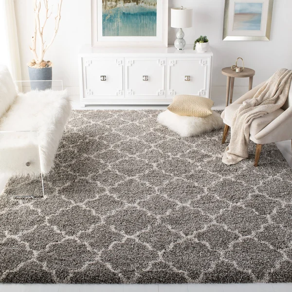 Safavieh Hudson Shag Vitchka Glam Trellis 2-Inch Thick Rug - 5& x 5& Round - Slate Blue/Ivory