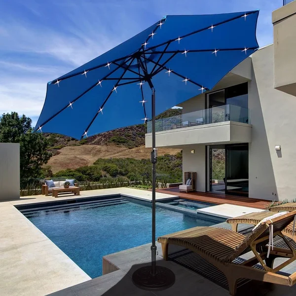 Maypex 9 ft. Steel Market Crank and Tilt Round Solar Light Patio Umbrella in Black and White