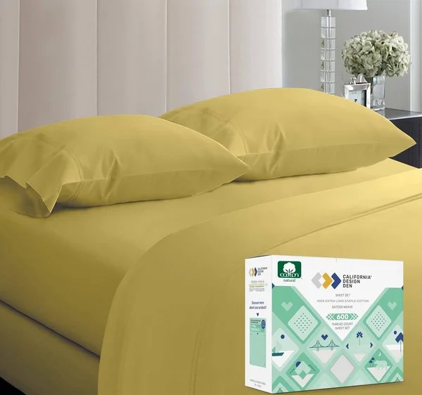 California Design den Luxe Smooth Sateen Solid Sheet Set Queen - Gold, Sheet Set - 100% Sateen Cotton - 600 Thread Count