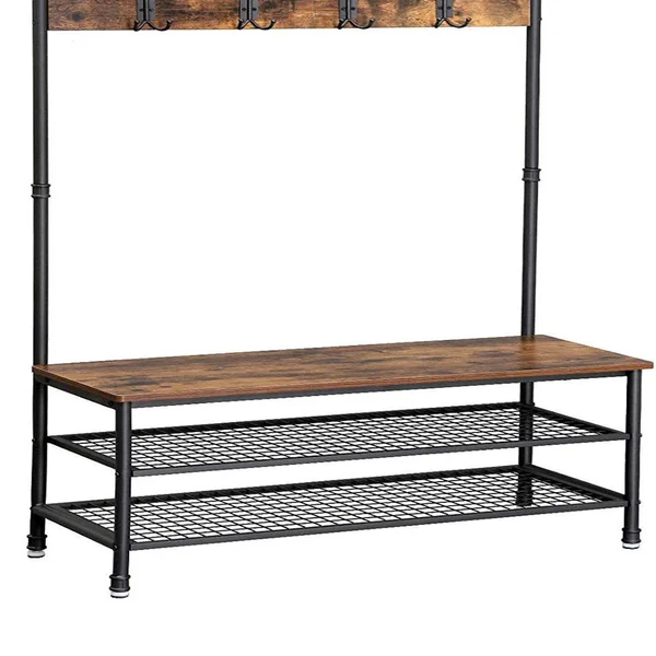 Benjara Metal Coat Rack with Wooden Bench and Two Wire Meshed Shelves - Brown and Black