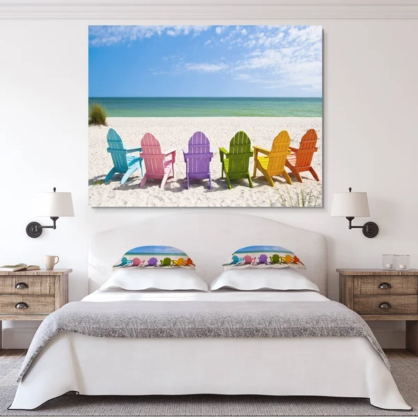 Designart &Adirondack Beach Chairs & Seashore Photo Canvas Art Print - Size: 40 inch x 20 inch, Blue