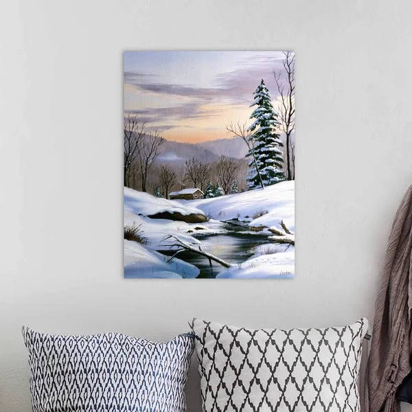Log Cabin on Winter Stream in Early Evening, Large Solid-Faced Canvas Wall Art Print, Great Big Canvas