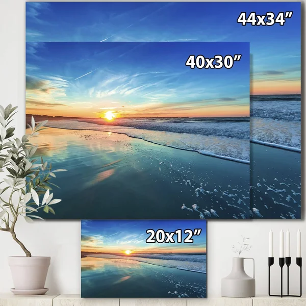 Designart &Blue Seashore with Distant Sunset & Seascape Canvas Art Print - Size: 60 inch x 28 inch