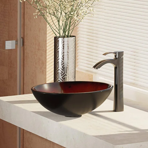 Rene R5-5007-R9-7006-ABR Foil Undertone Glass Vessel Sink with Antique Bronze Vessel Faucet - Sink Ring, and Vessel Pop-Up Drain
