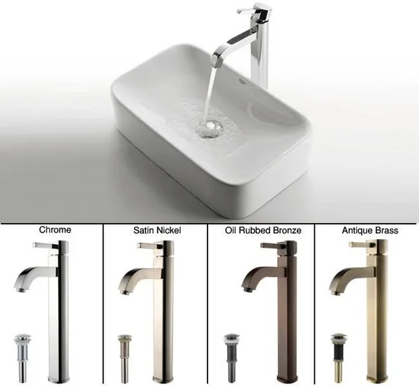 Kraus C-KCV-122-1007SN White Rectangular Ceramic Sink and Ramus Faucet Satin Nickel