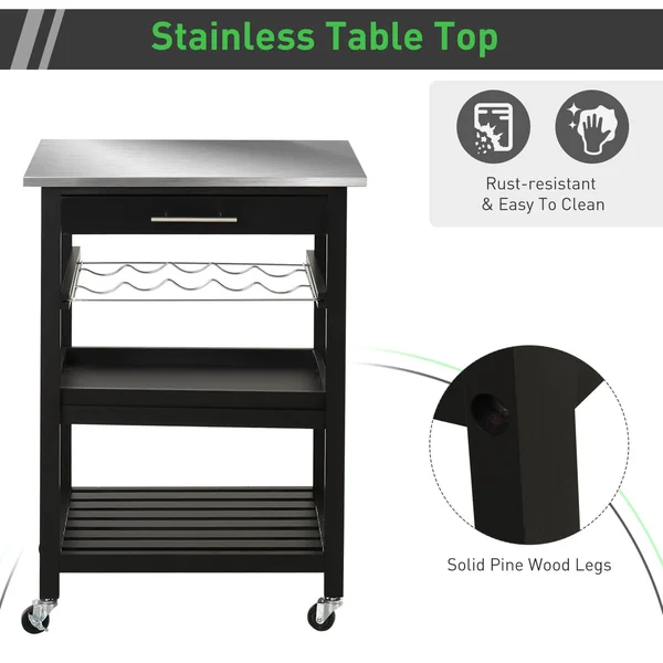HOMCOM Kitchen Utility Cart Pine 3-Tier Multifunction Kitchen Rolling Island Cart with Open Storage Shelves Wine Rack & Stai