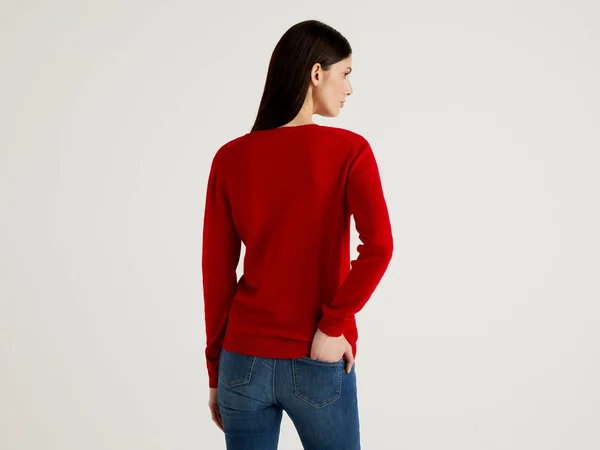 Benetton, Sweater with V-Neck in Pure Virgin Wool, Size S, Red, Women