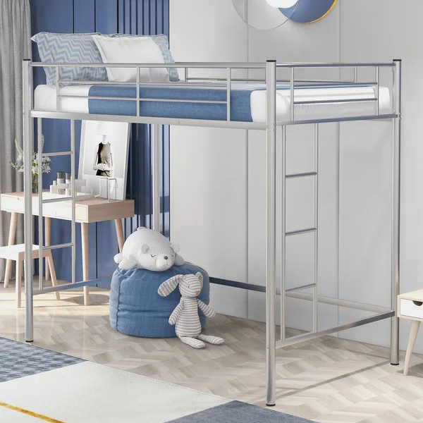 Euroco Steel Twin Loft Bed with Guard Rail & Dual Ladders for Kids Bedroom, Silver