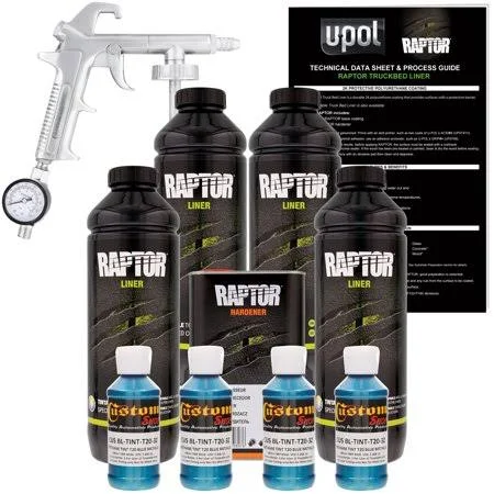 Custom Shop U-POL Raptor Bright Silver Urethane Spray-On Truck Bed Liner Kit w/ Free Custom Coat Spray Gun with Regulator - 6 Lit
