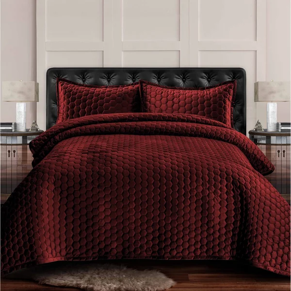 Tribeca Living Lugano Honeycomb Velvet Oversized Quilt Set, Red, Queen