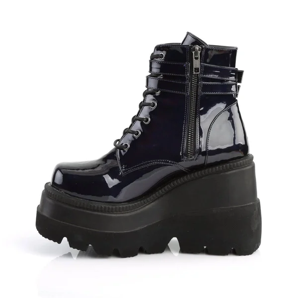 SHAKER-52, 4 1/2x22 Wedge Platform Lace-Up Ankle Boot Black Pat-UV Neon Pink, Size 5