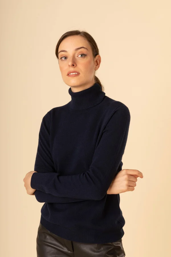 Women's Cashmere Classic Turtleneck Blue - Gobi Cashmere - M, Navy, WK05-1479