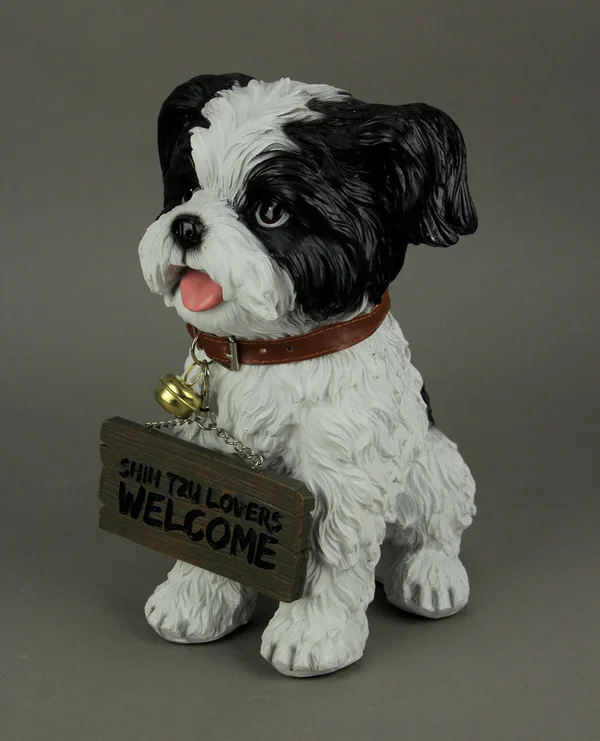 White Shih Tzu Puppy Indoor Outdoor Welcome Statue with Reversible Message Sign