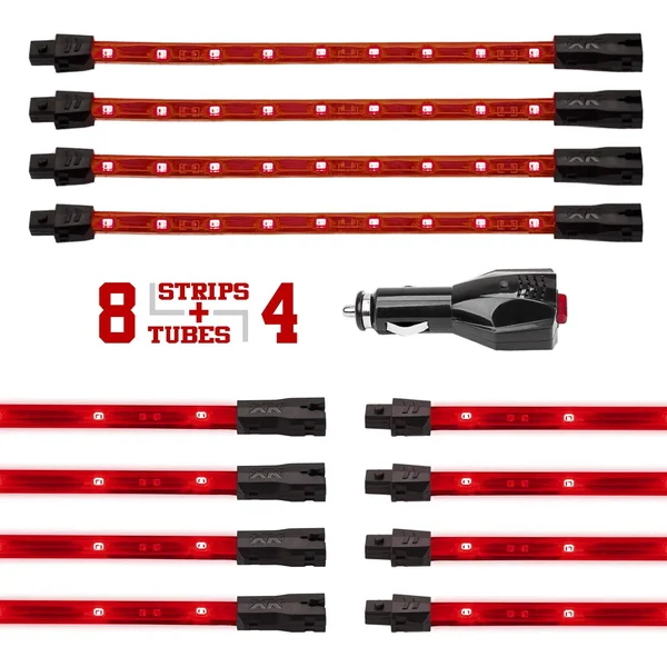 Red Premium 12pcs Underglow + Car Interior Three Mode LED Neon Accent Light Kit Waterproof Ultra Bright + Plug & Play Ultima