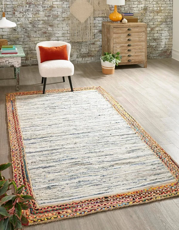 Unique Loom Striped Chindi Jute Rug Ivory, 10& x 8&