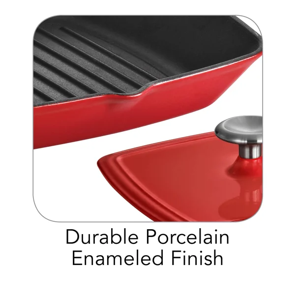 Tramontina Gourmet Enameled Cast Iron 11 in Grill Pan with Press, Red