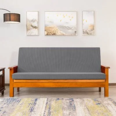 Textured Grid Stretchy Washable Box Cushion Futon Slipcover Red Barrel Studio Fabric: Light Gray