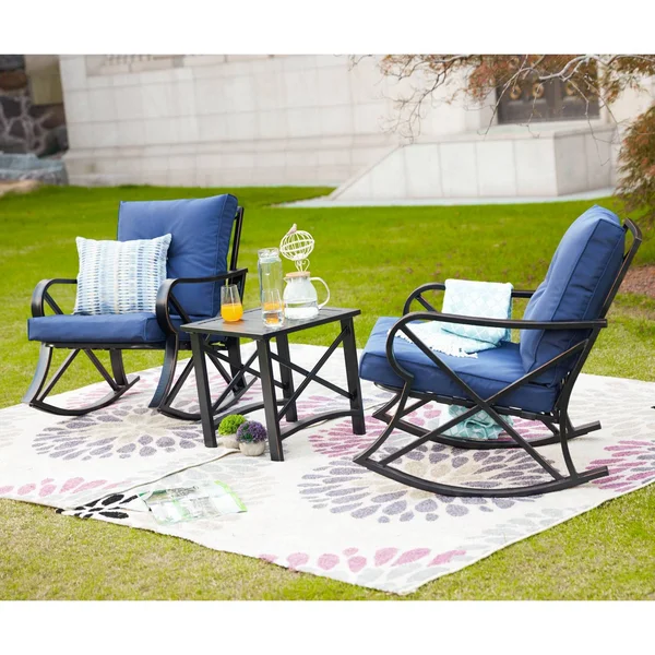 Patio Festival 3-Piece Outdoor Rocker Conversation Set w/ Cushions - Blue