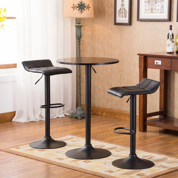 Roundhill Furniture Belham Black Round Top Adjustable Height Bar Table & 2 Swivel Black Bonded Leather Adjustable Bar Stool