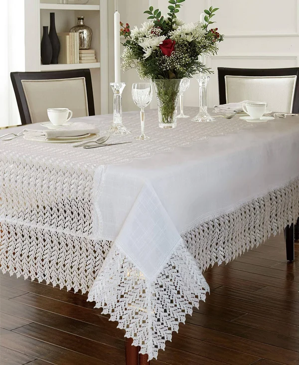 Violet Linen Lisbon Modern Embroidered Runner Design, Macrame Lace Border, Polyester, White, 70 inch by 160 inch, SEATS 14 to 16