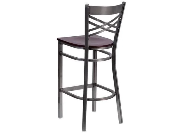 Flash Furniture X-Back Metal Restaurant Barstool - Clear Coated Mahogany Wood Seat - Hercules Series