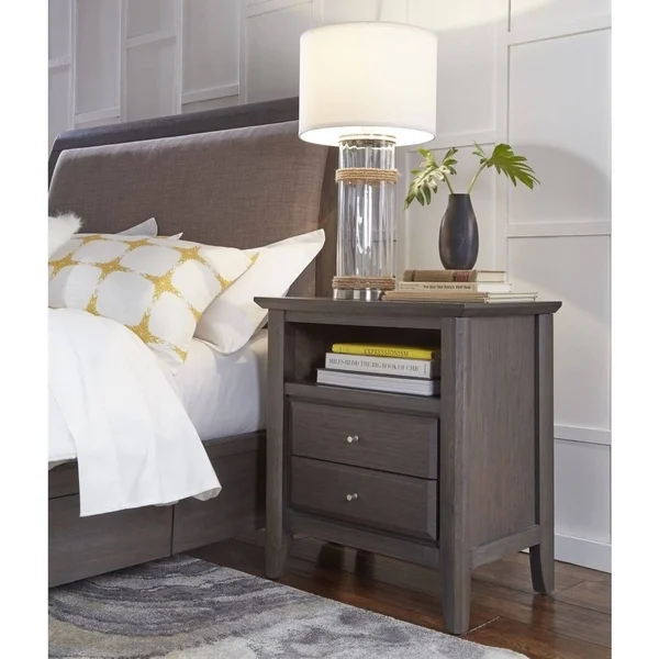 Benzara BM187657 Wooden Nightstand with Two Drawers and One Shelf Gray