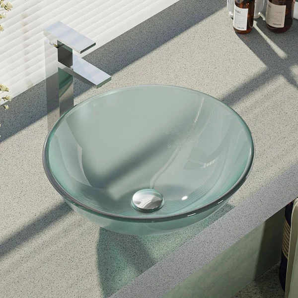 Rene R5-5002-R9-7003 16-1/2x22 Glass Vessel Bathroom Sink with Vessel Faucet Sink Frosted, Chrome