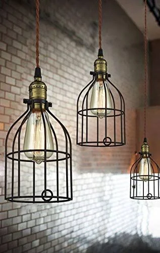 AXILAND Industrial Vintage Style Mini Plug in Pendant Light Metal Bird Cage Edison Hanging Light with Toggle Switch