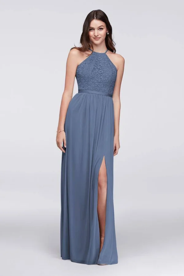 David&s Bridal Open-Back Lace and Mesh Bridesmaid Dress - Ice Blue, 20