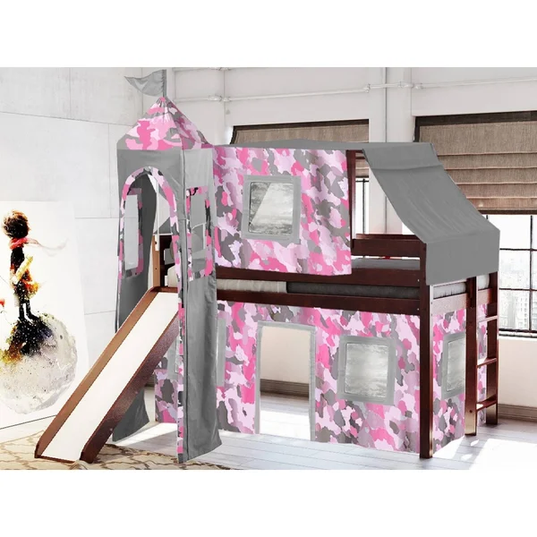 Jackpot! Princess Low Loft Twin Bed with Slide Pink Camo Tent and Tower - Cherry