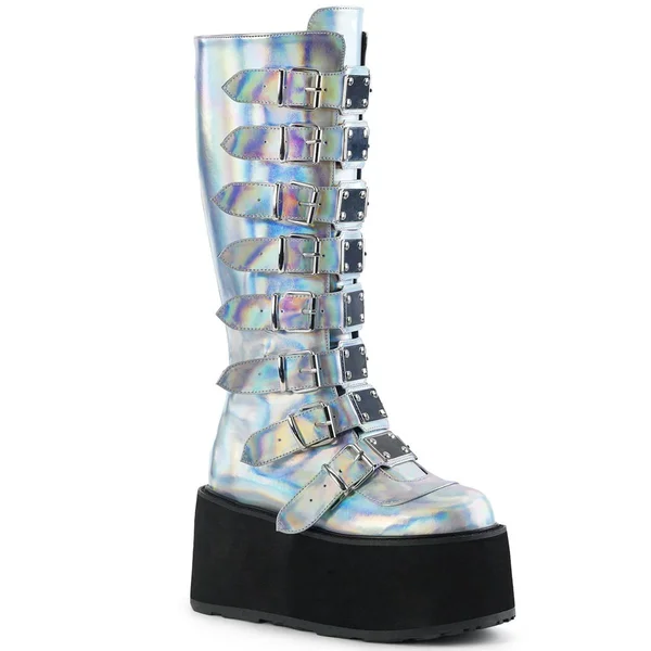 Demonia Women's Damned 318 Knee-High Platform Buckle Boot, Size: 8, Black Velvet